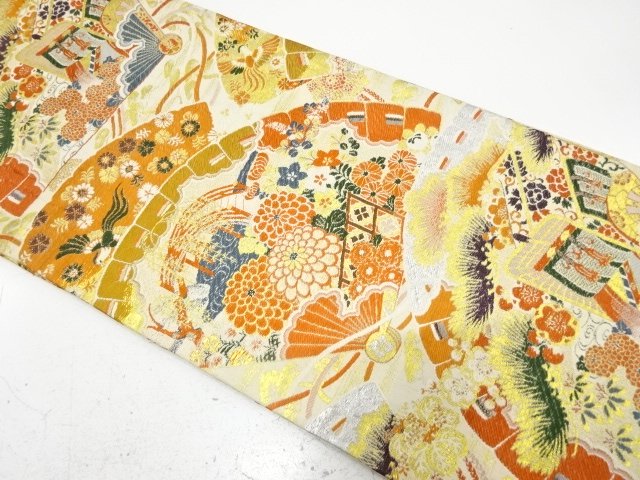 アンティーク　桧扇に御所車・草花模様織り出し丸帯（着用可）